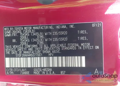 2021 Toyota Highlander Platinum z USA, uszkodzony, nr VIN 5TDFZRAH4MS077661